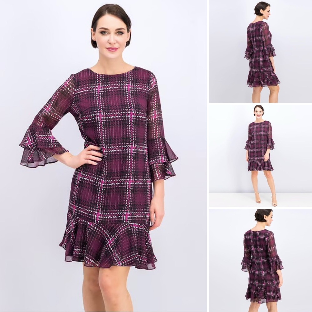 Jessica Howard Chiffon Dress Plaid Ruffled Bell Sleeve Jewel Neck Lined Purple